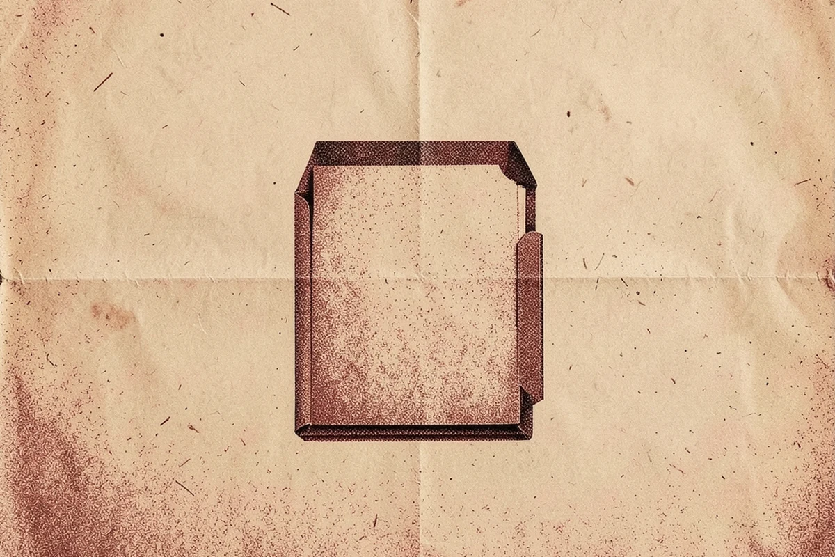 A halftone-textured illustration of a single plain open file folder holding blank sheets, centred on a creased sheet of manila paper, with no logos, badges, or written text on any surface