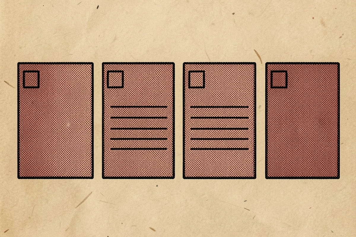 A halftone-textured illustration of four plain rectangular document cards arranged in a single horizontal row, each with a small empty checkbox at its corner, representing a sequence of verification steps