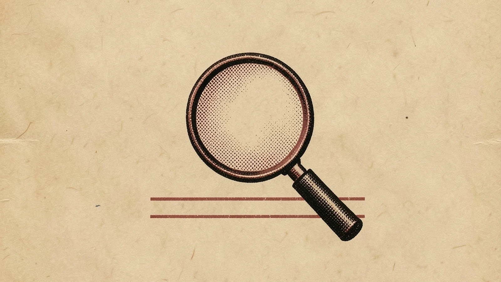 A halftone-textured illustration of a magnifying glass held over a blank document page, with the page showing empty ruled lines and no content, representing a search for evidence that returns nothing