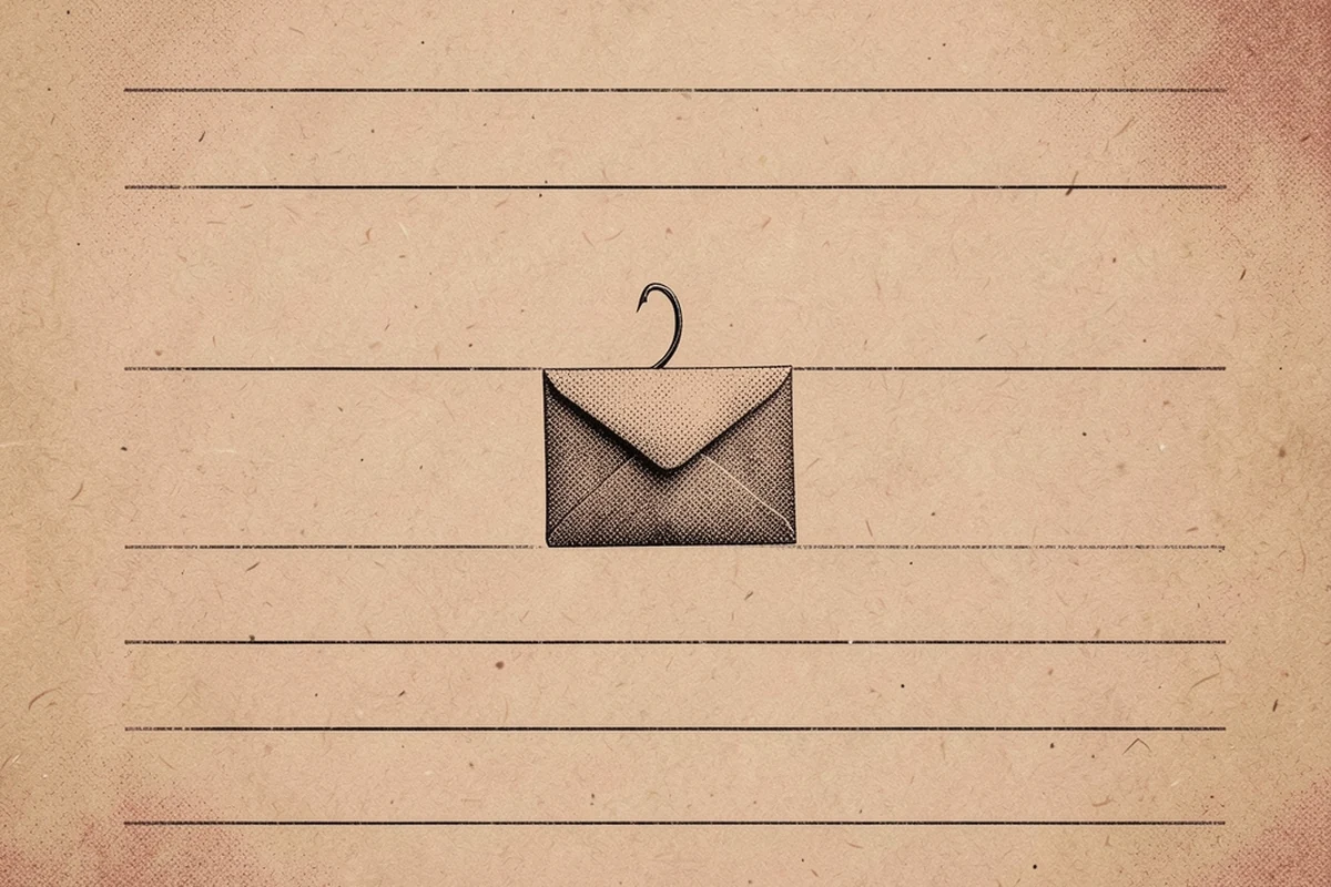 A halftone-textured illustration of a fishing hook lowered toward a plain open envelope, representing a second attempt to catch someone who has already been caught once