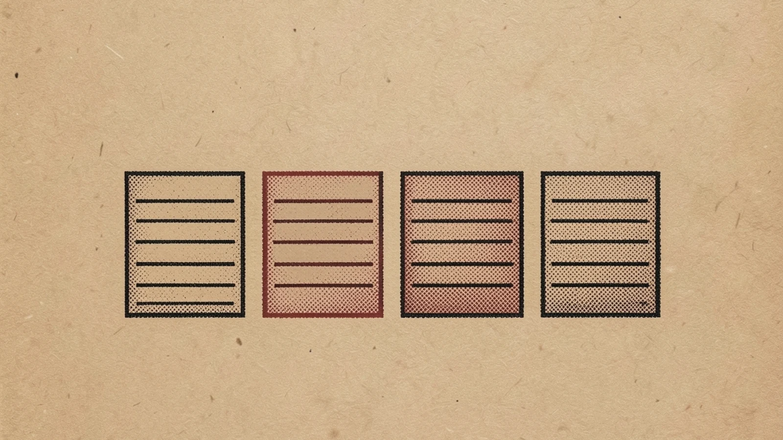 A halftone-textured illustration of four plain ruled document cards arranged in a single evenly spaced horizontal row, one of them printed in red, representing four sequential verification checks of which one returns a different result