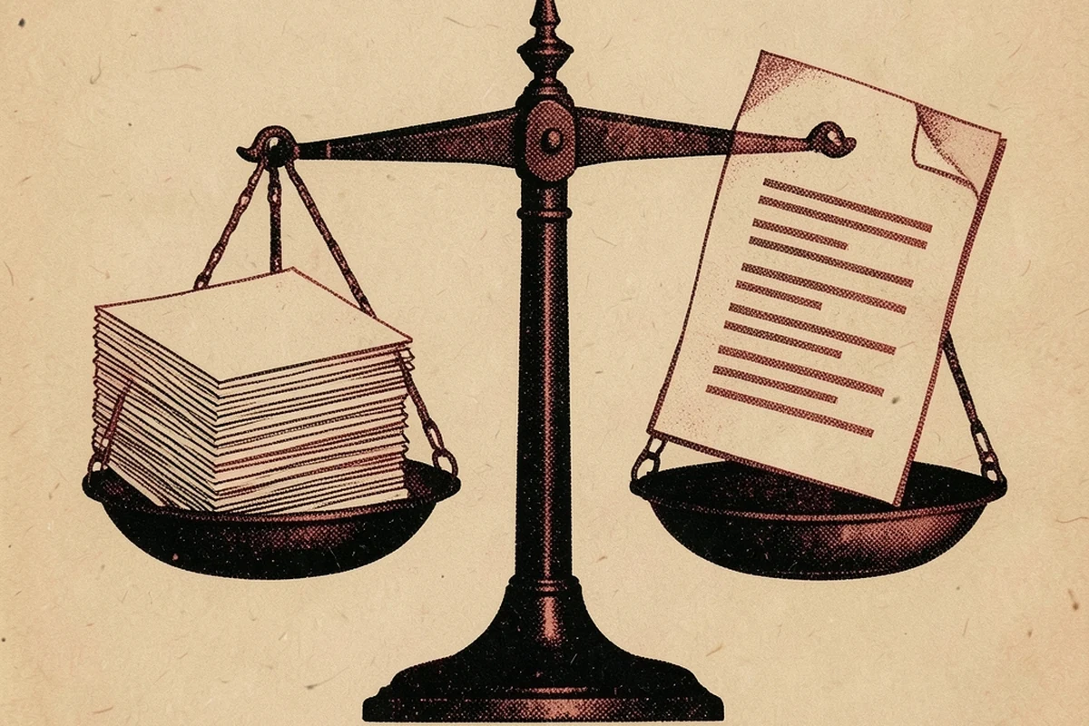 A halftone-textured illustration of a balance scale weighing a thick stack of identical plain papers on one pan against a single ruled document sheet on the other, representing quantity of marketing material set against quality of a single record